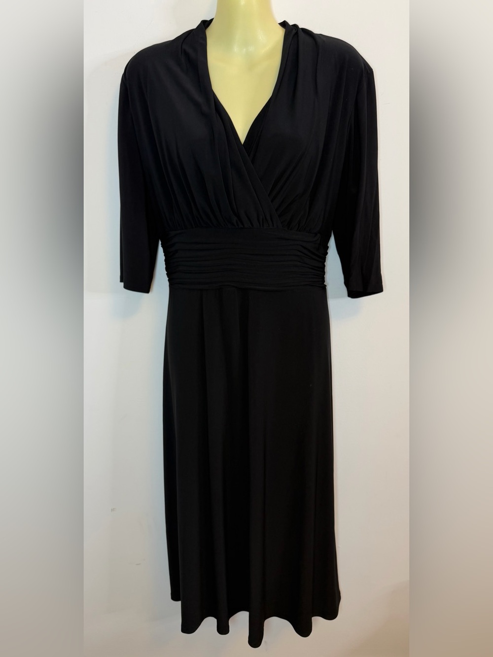 Evan Picone Black V-Neck Ruched-Waist Midi Dress